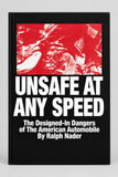 Black front cover of Unsafe at Any Speed by Ralph Nader, with red automobile crash artwork and white title text